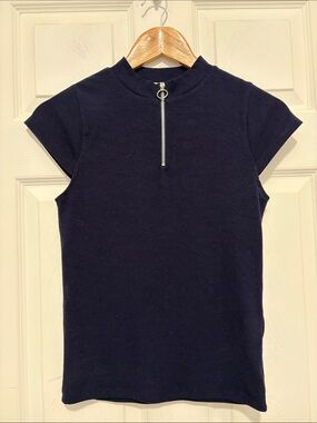 Lili Sidonio Navy Ribbed Cap Sleeve Zip-Front Knit Top